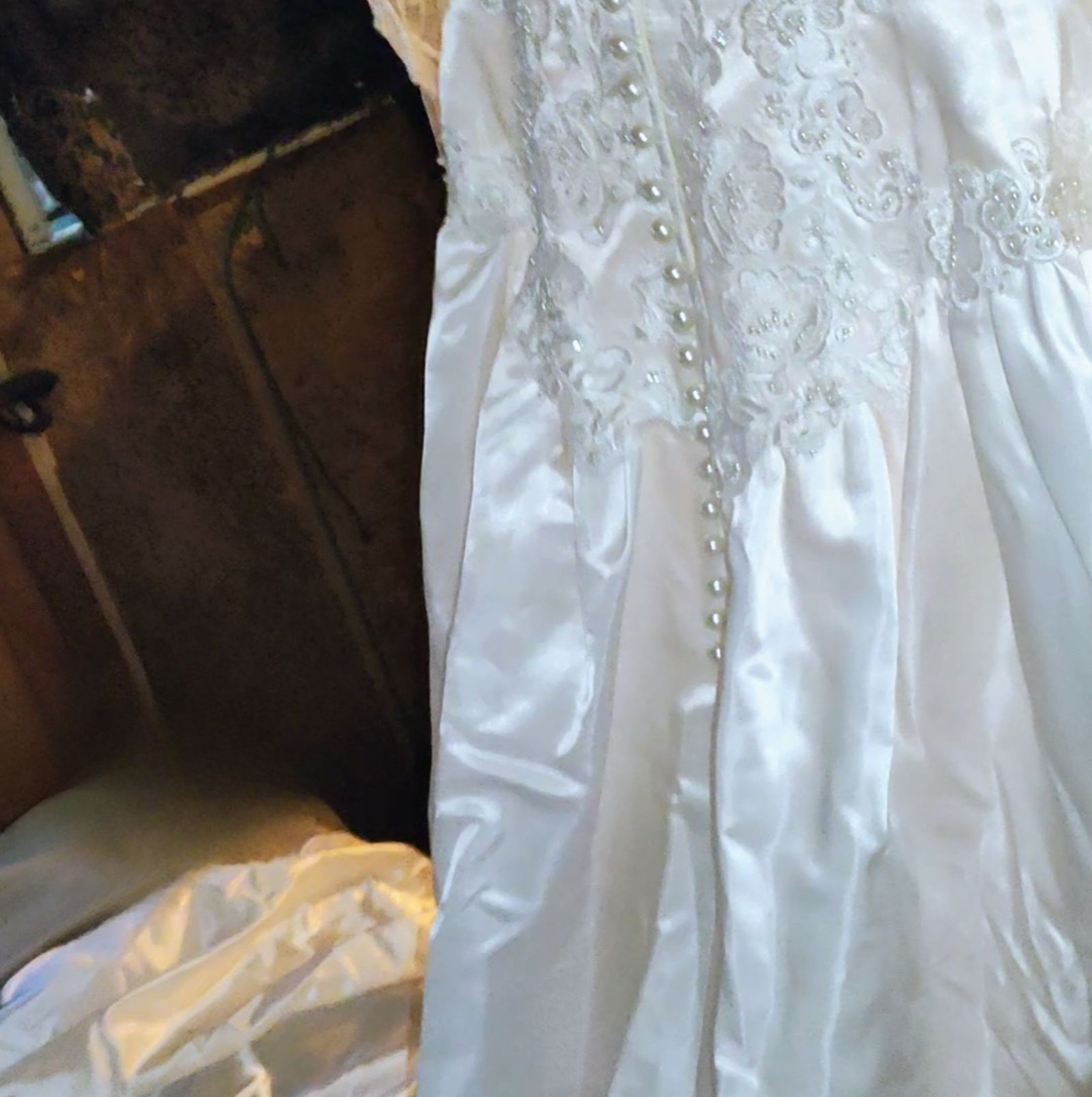 Restored Vtg 80s 90s Satin Wedding Dress High Neck Juliet Sleeve Gown Set Small