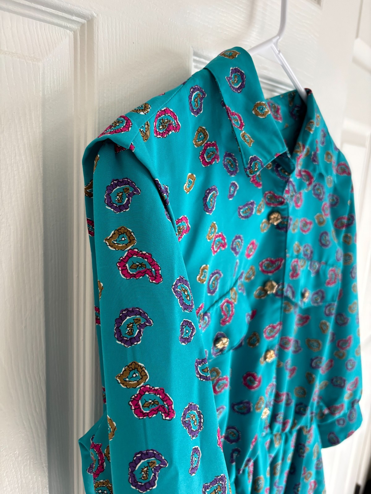 L Pleated Turquoise 80s Dress Vintage Breli Originals Gold Buttons 3/4 Sleeves