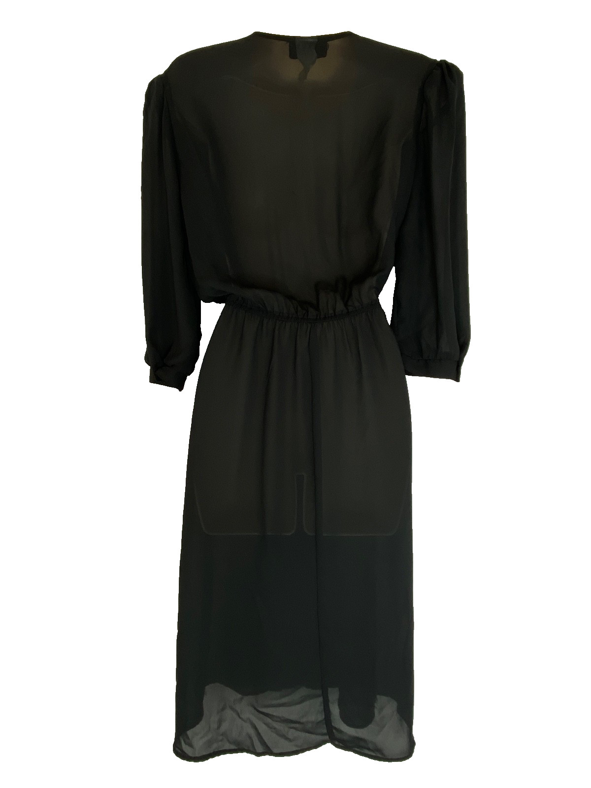 Vintage 1970s black sheer beaded midi dress puffed 1/2 sleeve embellished collar