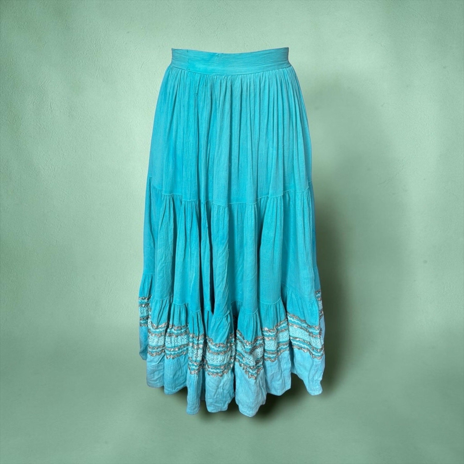 1950s Turquoise Patio Skirt Full Sweep Silver Rickrack Western Fiesta