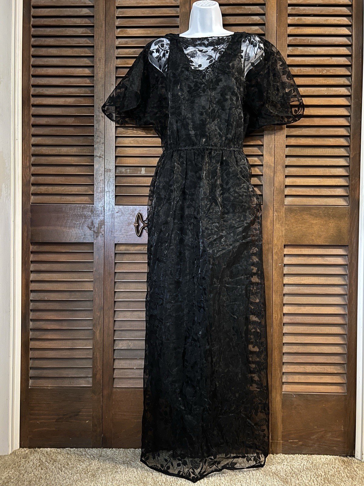 70’s Vintage Handmade Black Flocked Lace Sheer Cover-up Dress Fluted Sleeves