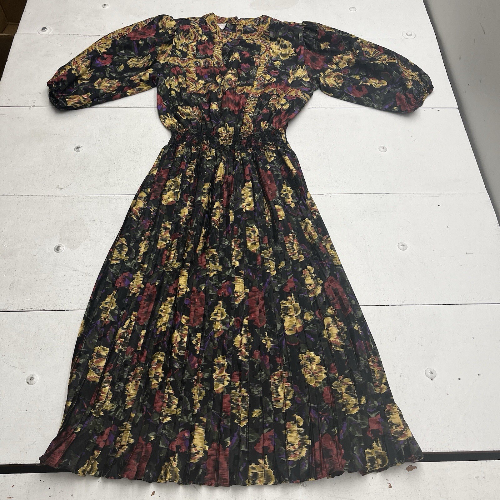 Vintage 80s Susan Freis Multicolor Pleated Dress Abstract Floral USA Womens S