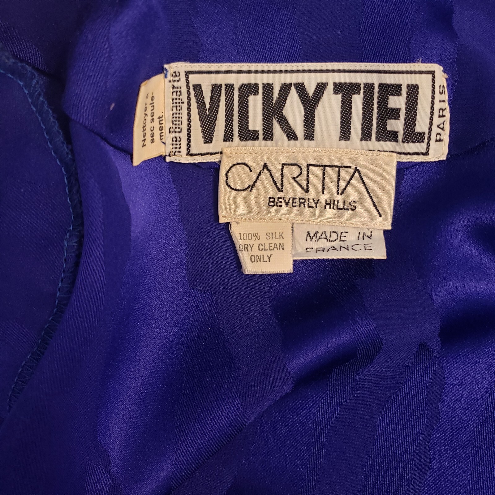 Vintage Vicky Tiel Blouse Skirt Set XS Violet Silk V Neck Peplum Knee Length