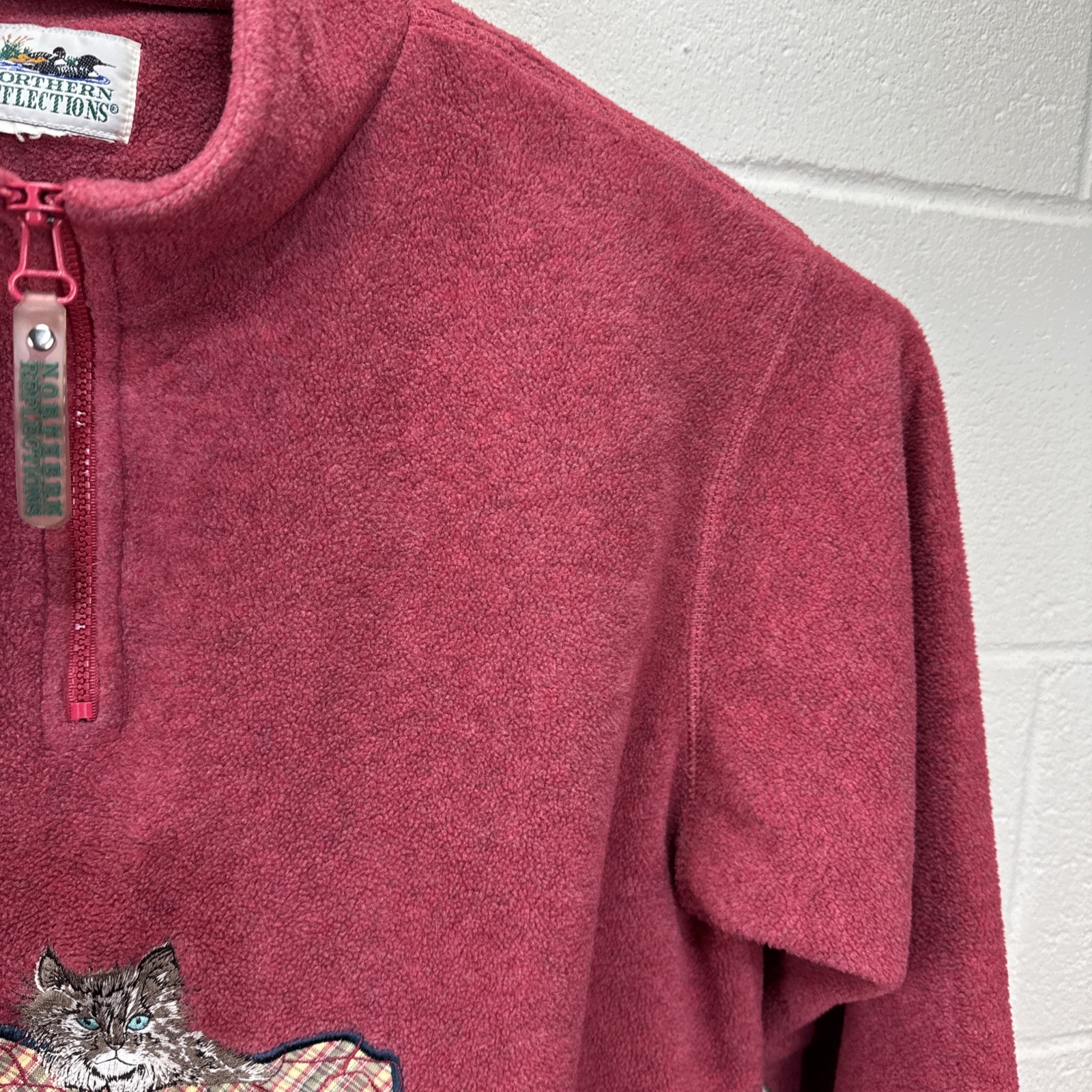 Vintage Northern Reflections 1/4 Zip Pullover Fleece Sweater M Embroidered Cat