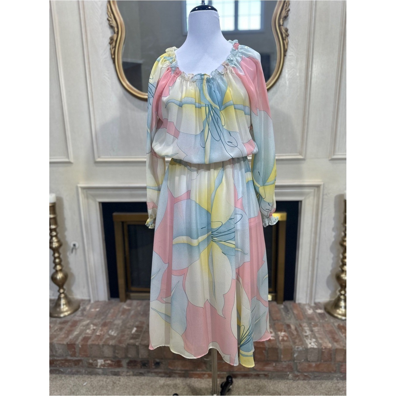 Vintage Sears Fashion Place Floral Midi Dress Medium Watercolor Pastel 70s 80s