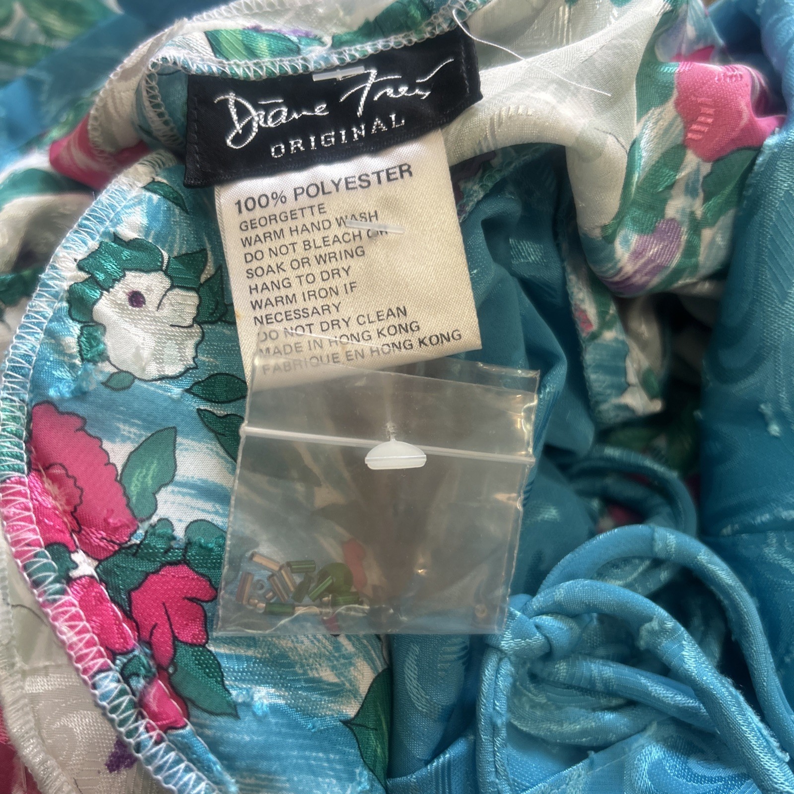 VTG 80’s Diana Freis Floral Print Brocade Poly Dress W/ Sequins+Scarf NWT Mod 12