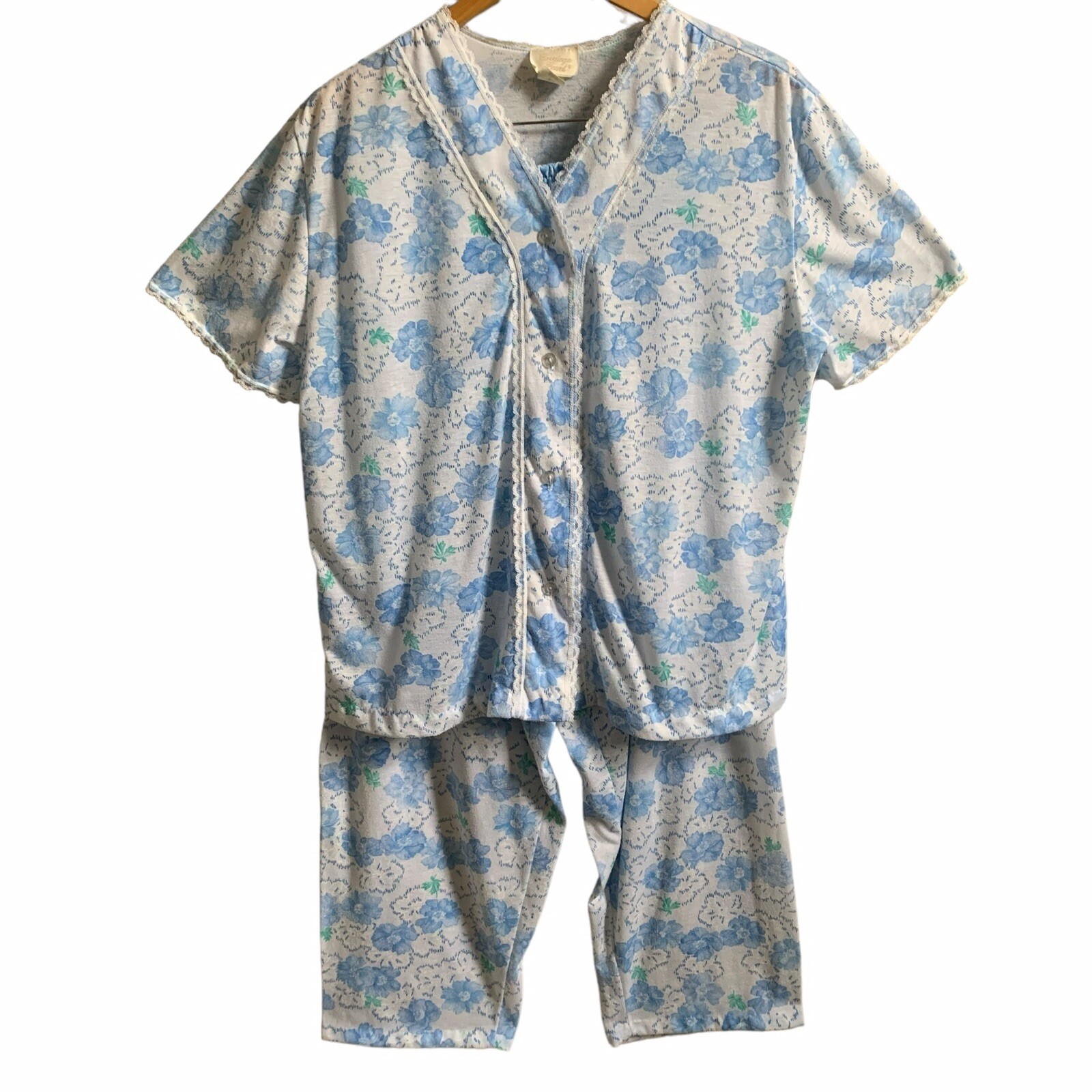 VTG Sears Carriage Court Pajamas SIZE 16-18 Floral Blue White Pants Shirt Set