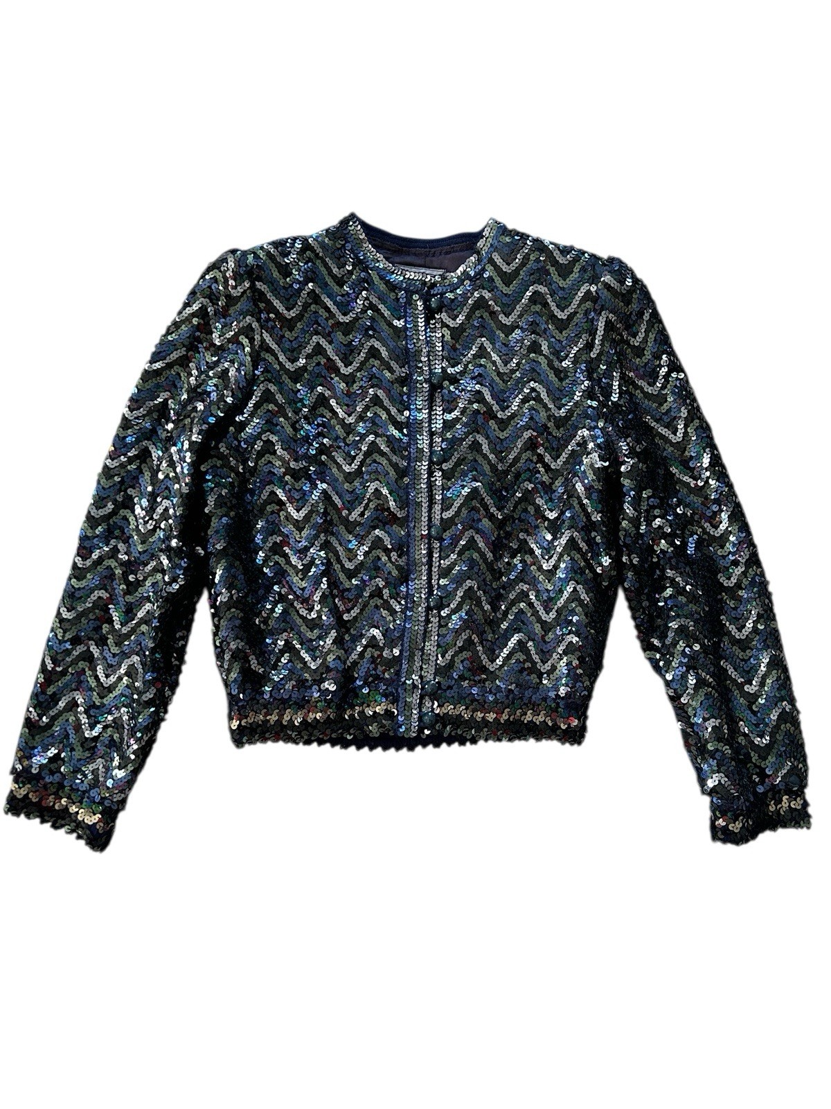 Vtg 70s 80s THREE FLAGGS Blue Green Sequin Button Front Jacket XS/S Disco Glam