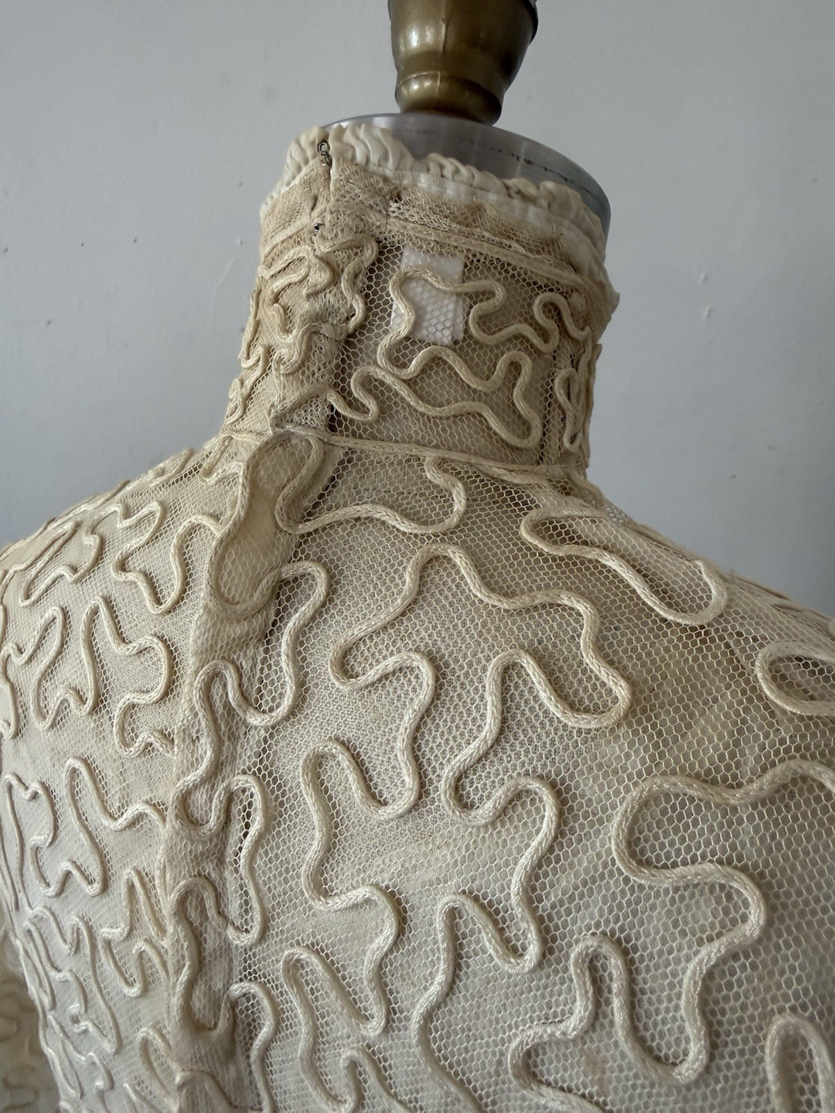Antique Sheer Net Lace Blouse Top Cord Soutache Embroidery Art Nouveau Bridal XS