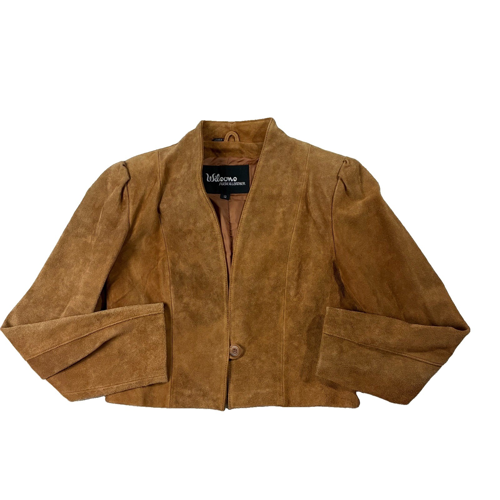 VTG Wilson’s Leather Cropped Puff Sleeve Suede Leather Jacket Brown Women’s 12