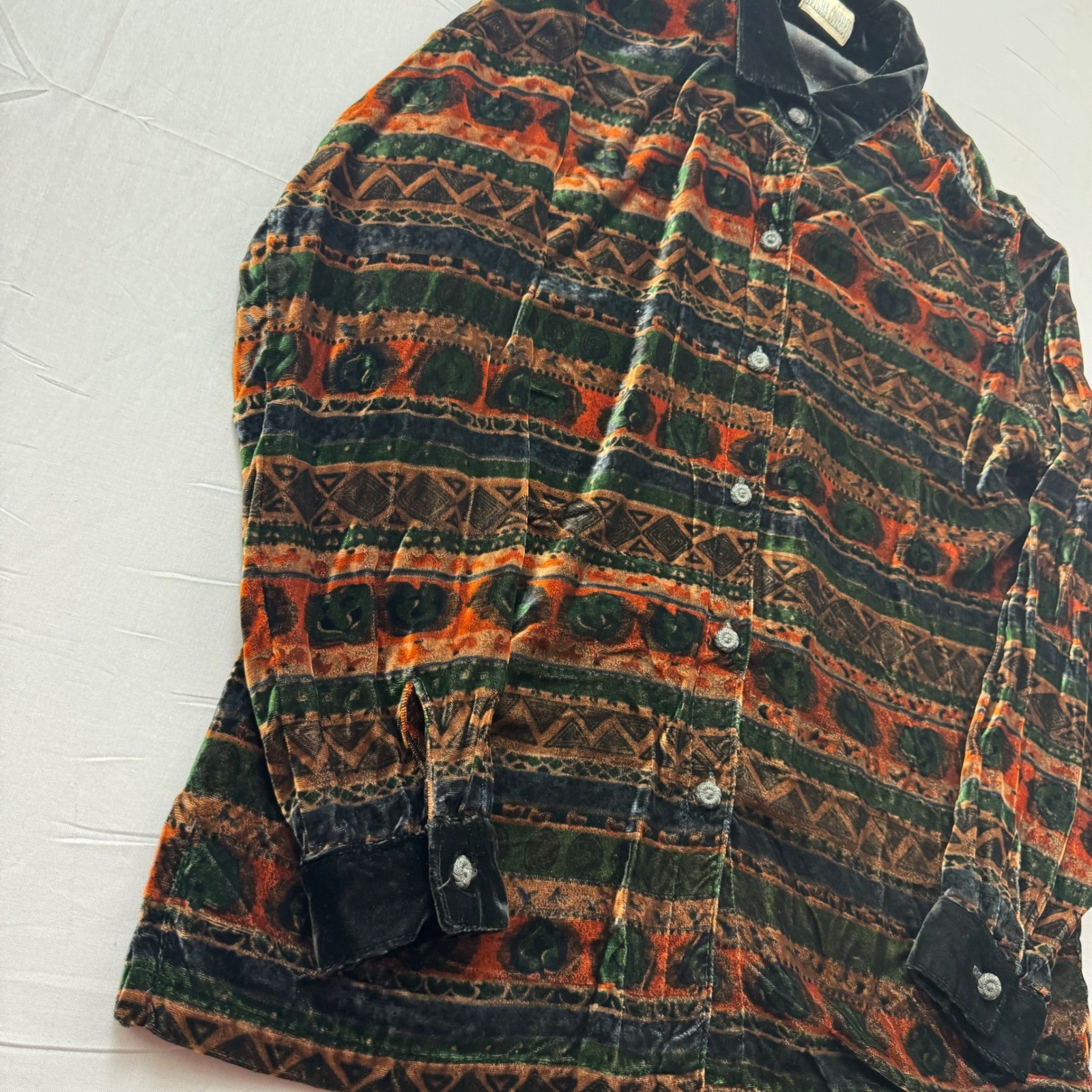 Gotcha Covered Vintage Velvet Burnout Shirt Southwestern Geometric Green Orange