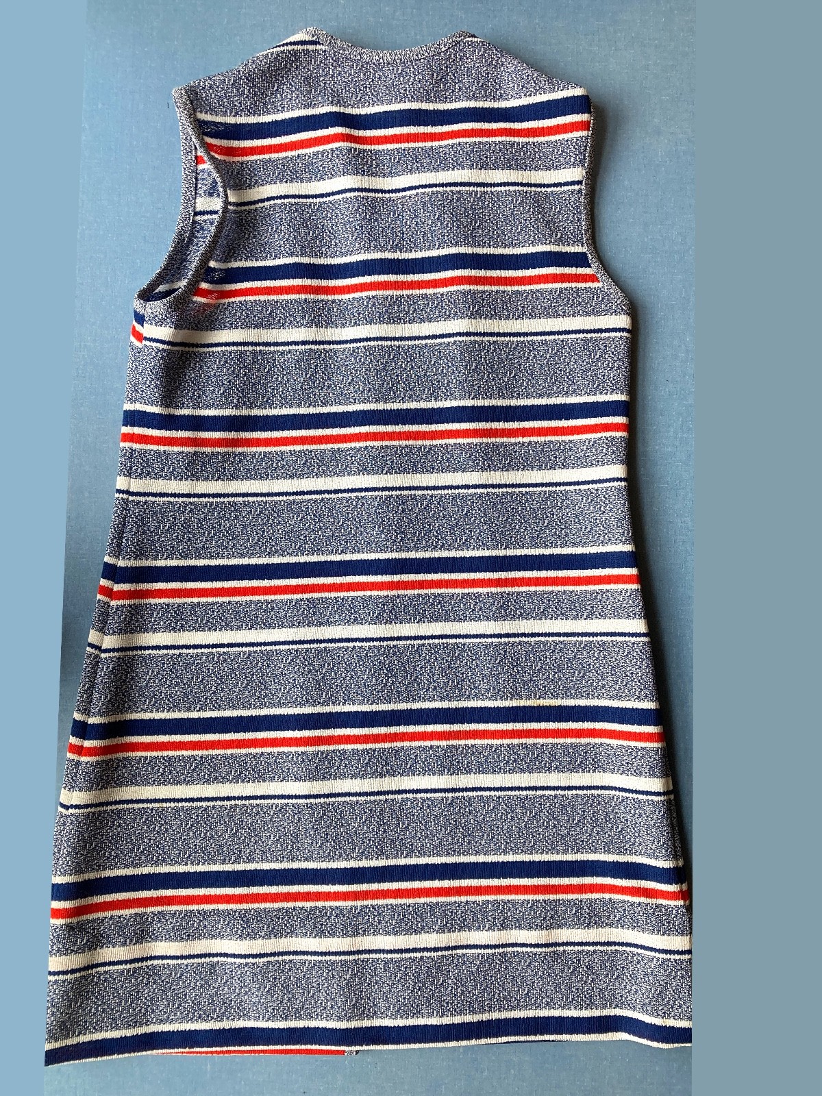 70s Maxi Sleeveless Vintage Vest, Blue Striped, Small, 40″ Chest