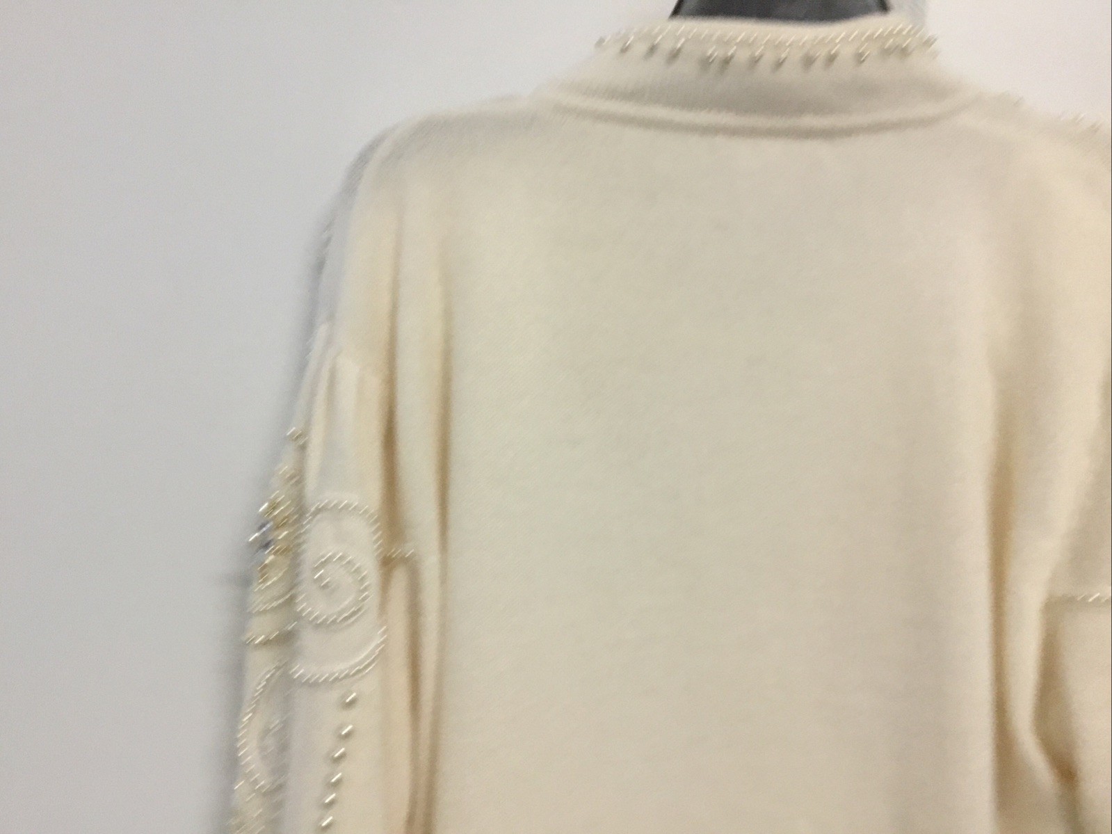 Vtg Belldini CardiganSweater Beaded WoolAngoraNylon L Ivory Shoulder Pads Lined