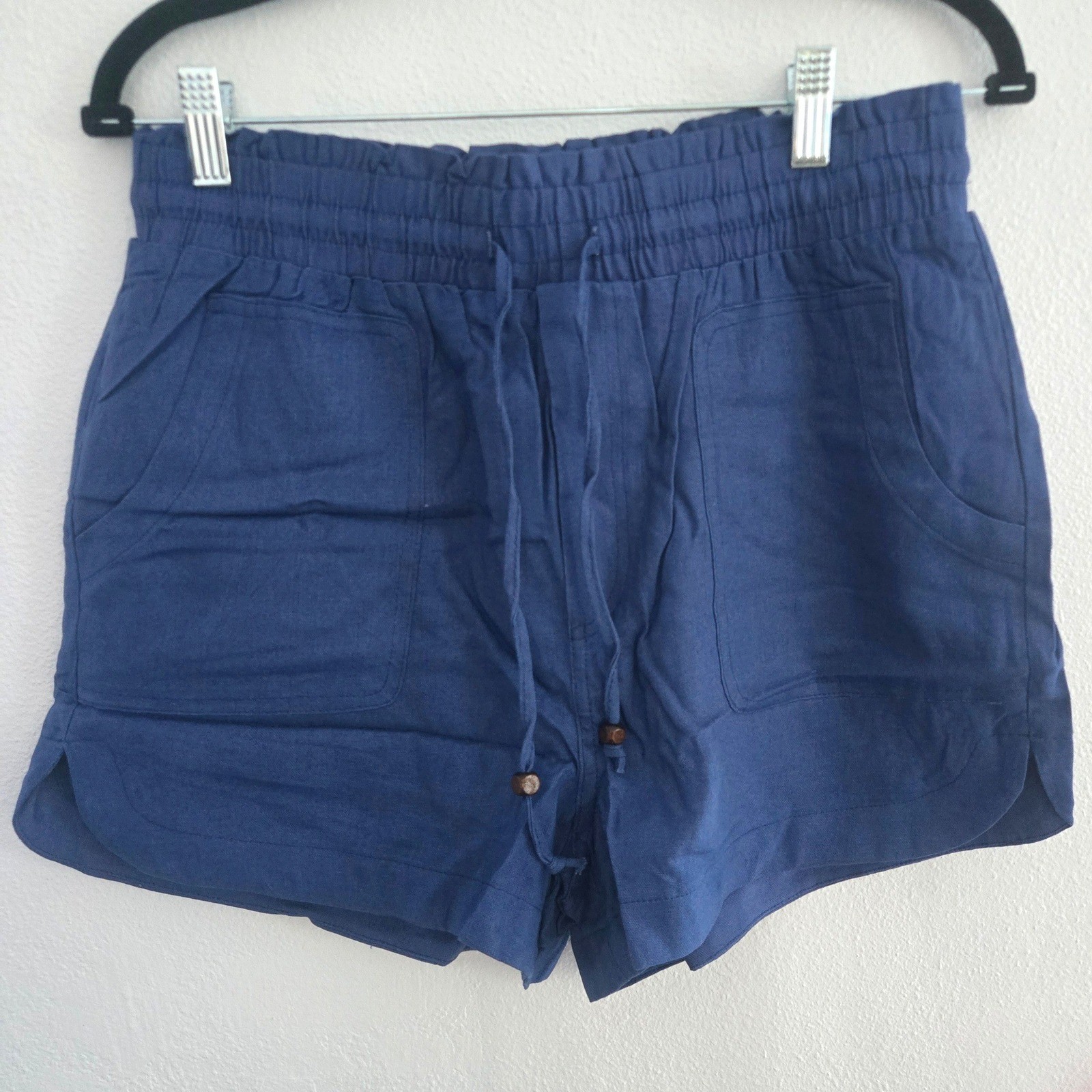 Very J Navy Blue Cotton Linen Blend Drawstring Shorts Smocked Waist Large NWT