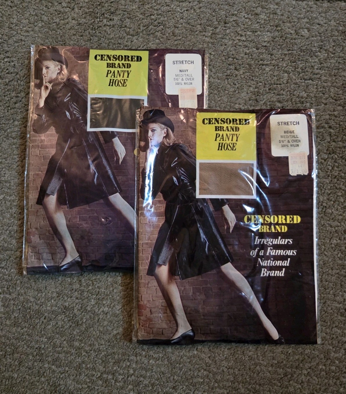 2 Pair Censored Stretch Pantyhose Navy And Beige Med/Tall Vintage
