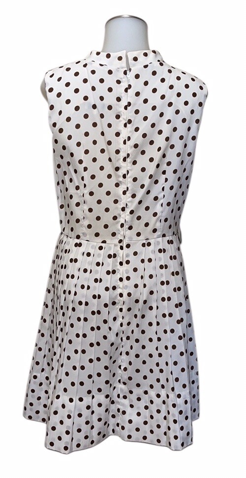 Vtg Alden’s Fashions MCM 70s Dress W/Pleated Skirt~Cream W/Brown Polka Dots~READ