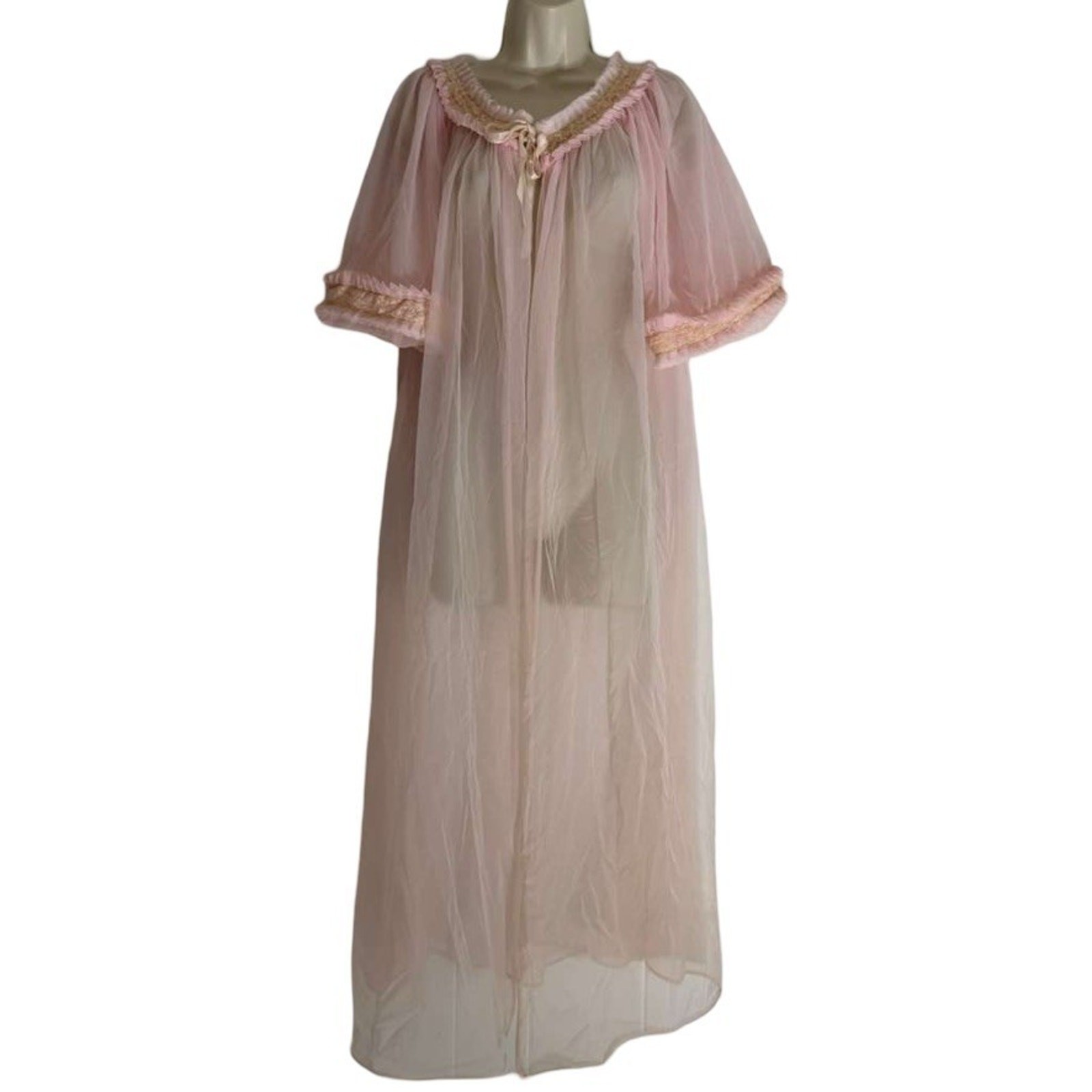 Vintage Unbranded Sheer Pink Lingerie Pleated Ruffle 60s Robe Long Length sz L