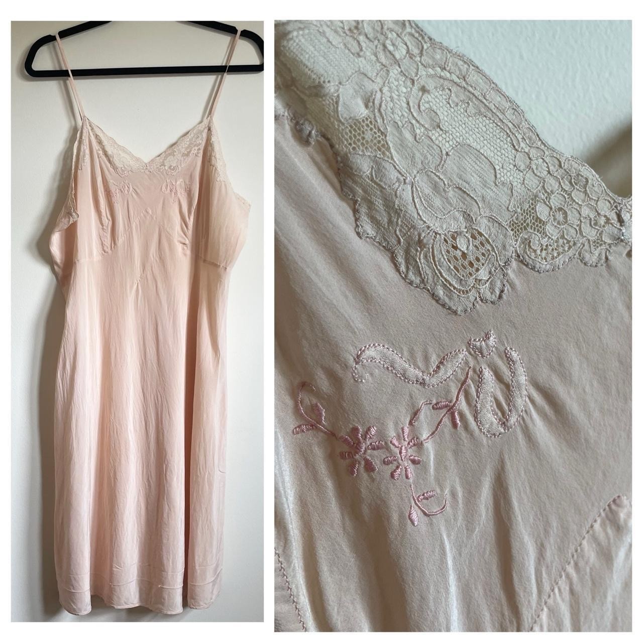 Antique 1920s Lingerie Slip Dress Lace Pink 100% Silk Slip Small Medium
