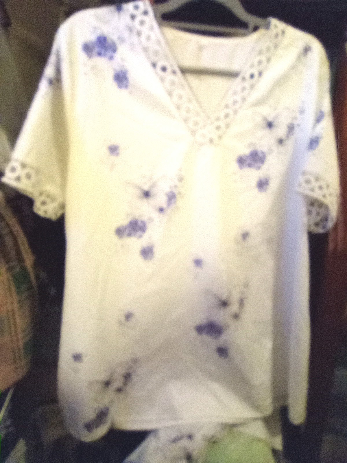 White Blouse Pullover With Purple Dragonflies Circled Embroidery Neck, Sleeve 2X
