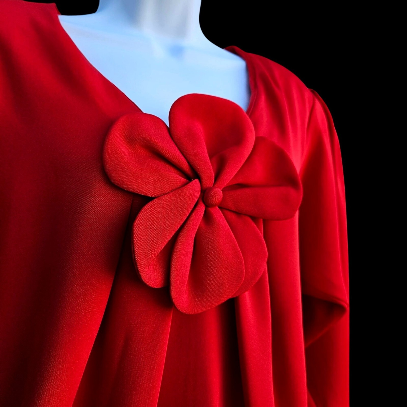 Vintage Stanley Platos Red Couture Silk Dress Pockets Flower Detail Size 10