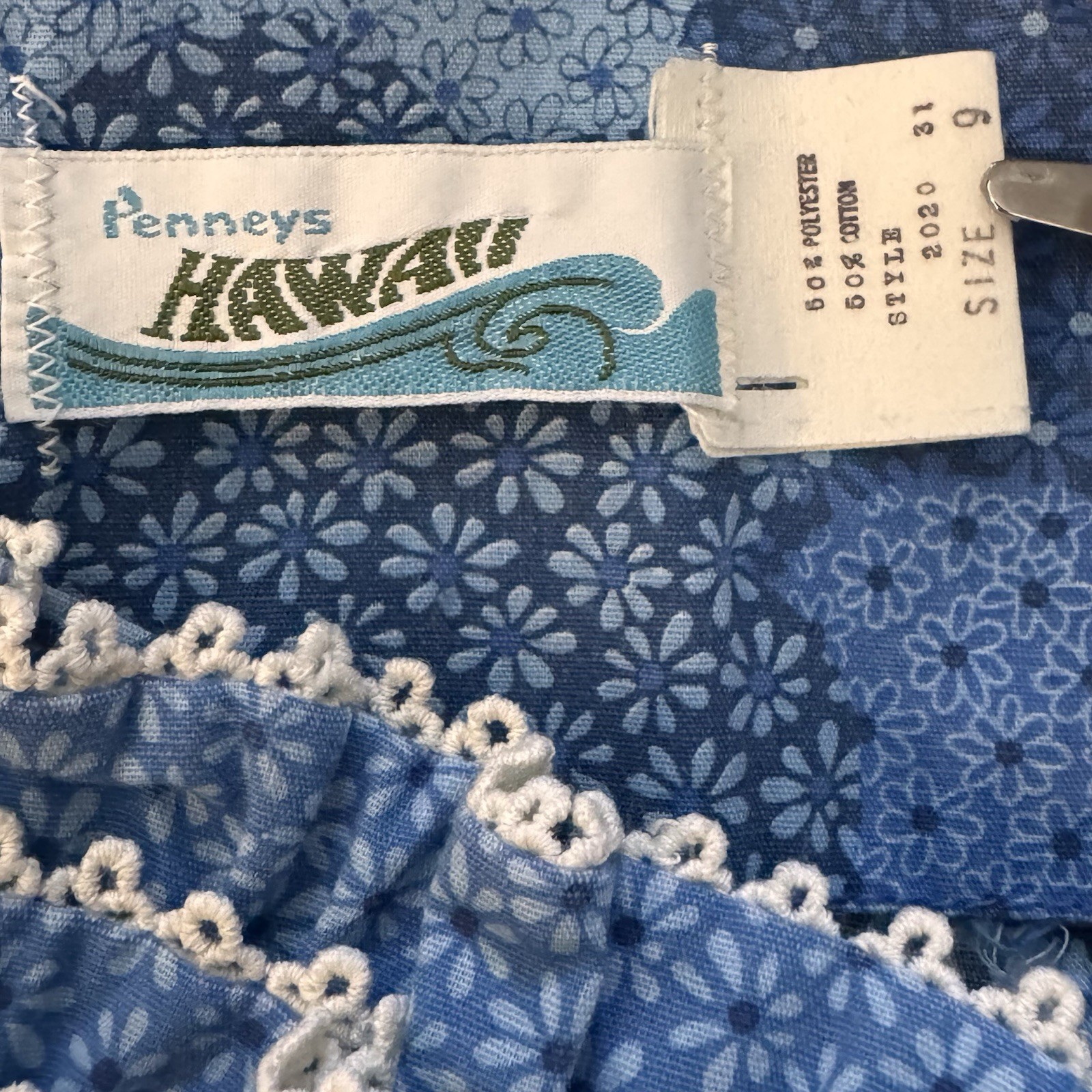 Vintage Penneys Hawaii Blue Floral Cotton Maxi Dress Pockets Lace Trim 9 S