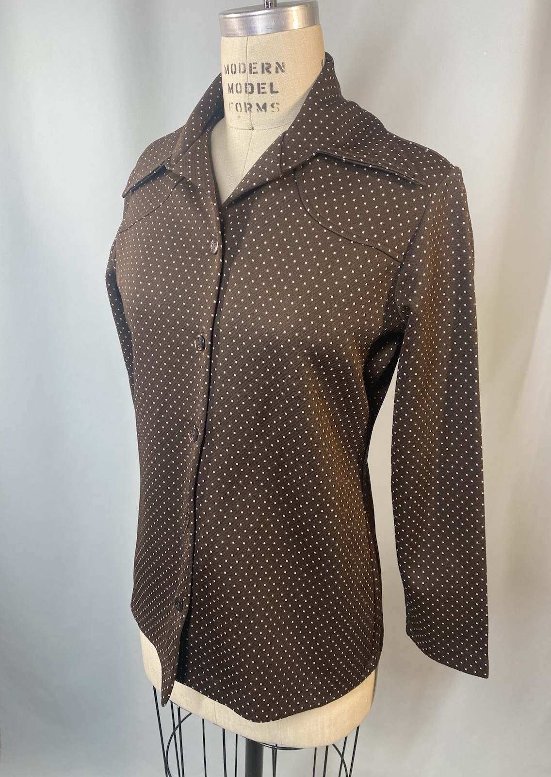 Women’s Vintage Top SIZE LARGE 14 brown polka dot yoke 60s 70s point collar