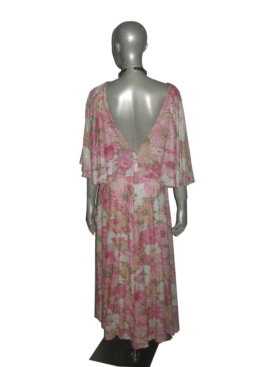 VTG Multi-Color Pastel Floral Metallic Silver Lurex Sparkle Overlay Disco Dress
