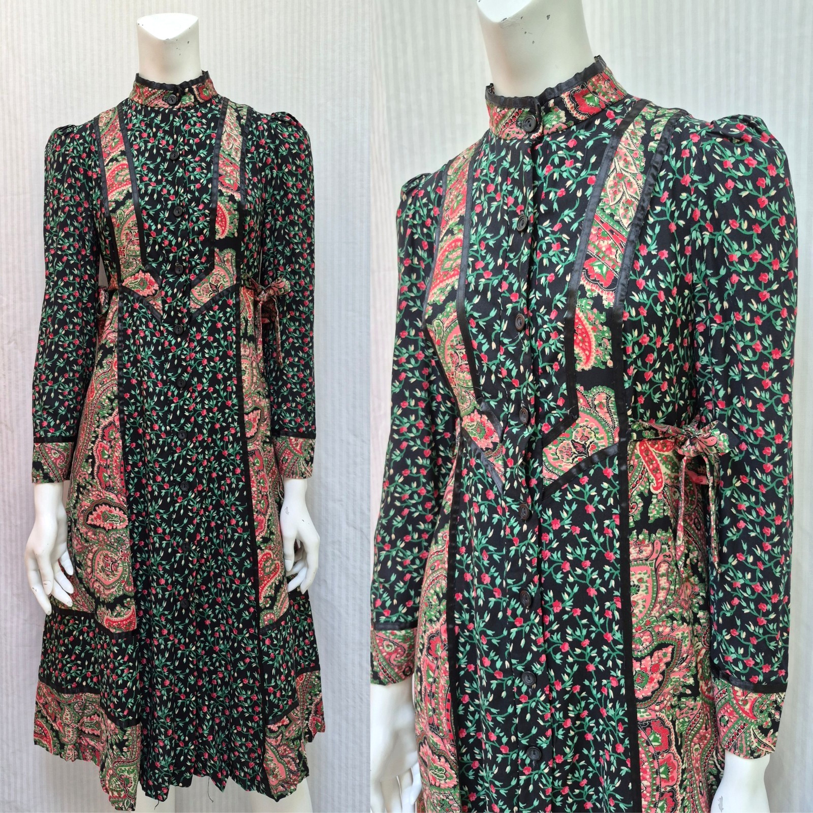 Vintage 1970s RAGTIME Black Pink Red Floral Paisley Peasant Midi Dress-Size XS/S