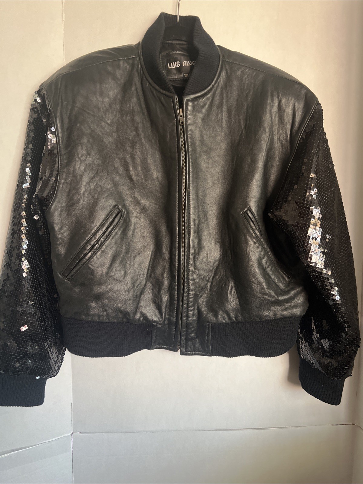 Vtg LUIS ALVEAR Black Leather Bomber Jacket L Sequin Hip Hop Glam Rock 46” Chest