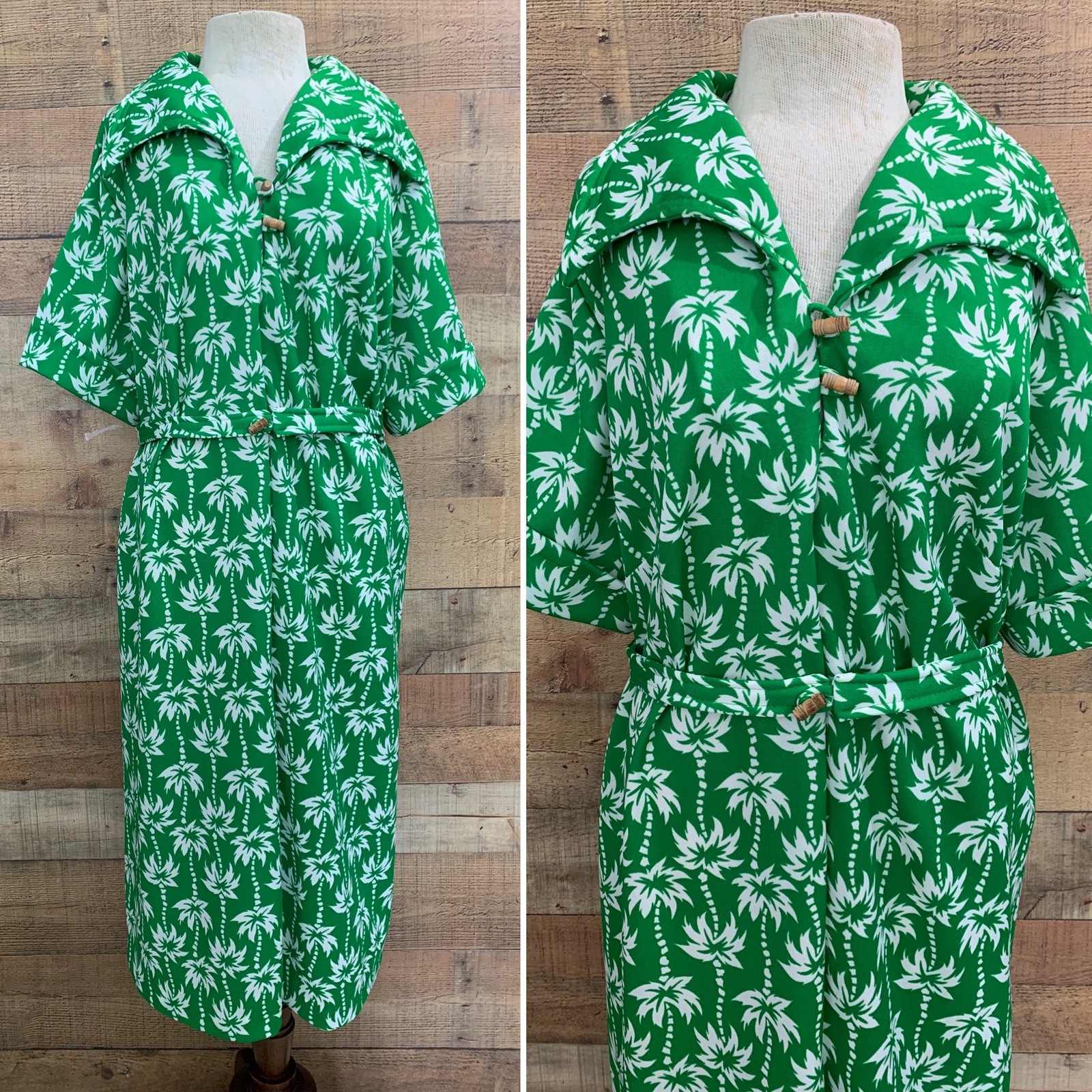 Vintage 1960s 1970s Green Polyester Palm Tree Belted Dress 50” Bust /50” Waist