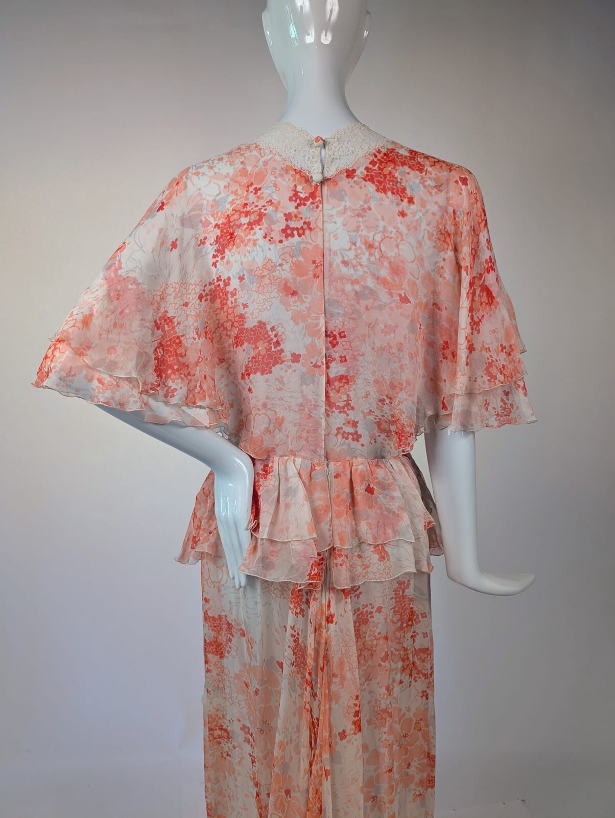 1970’S PINK FLORAL SHEER SILK CHIFFON DRESS W CAPE SLEEVES + NIEMAN MARCUS LABEL