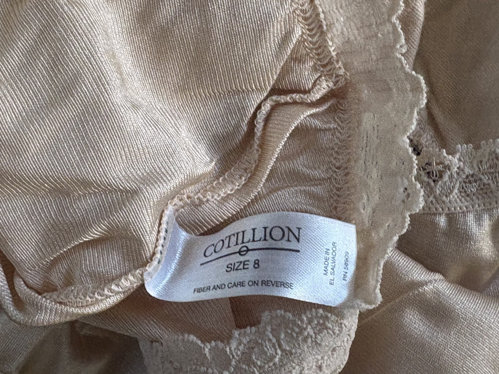 COTILLION 8/XL Champagne Hi Shine SATIN All Nylon Lace Trim Brief Panties VTG
