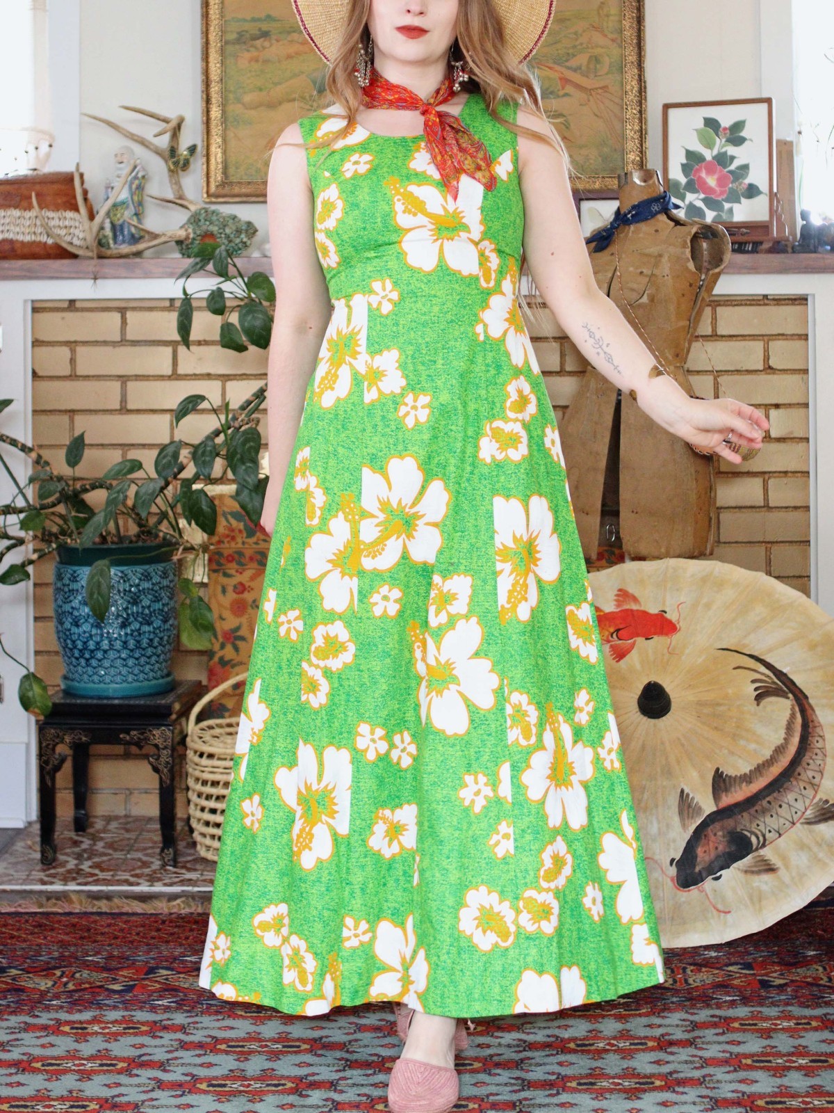 VTG Robin Art of Hawaii Green Hawaiian Barkcloth Dress 1970s Maxi Cotton dress