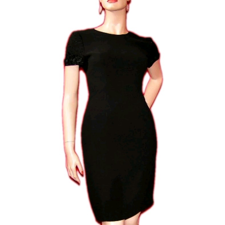 Vintage Donna Morgan Little Black Lined Satin Button Back Sequins Sleeve Dress