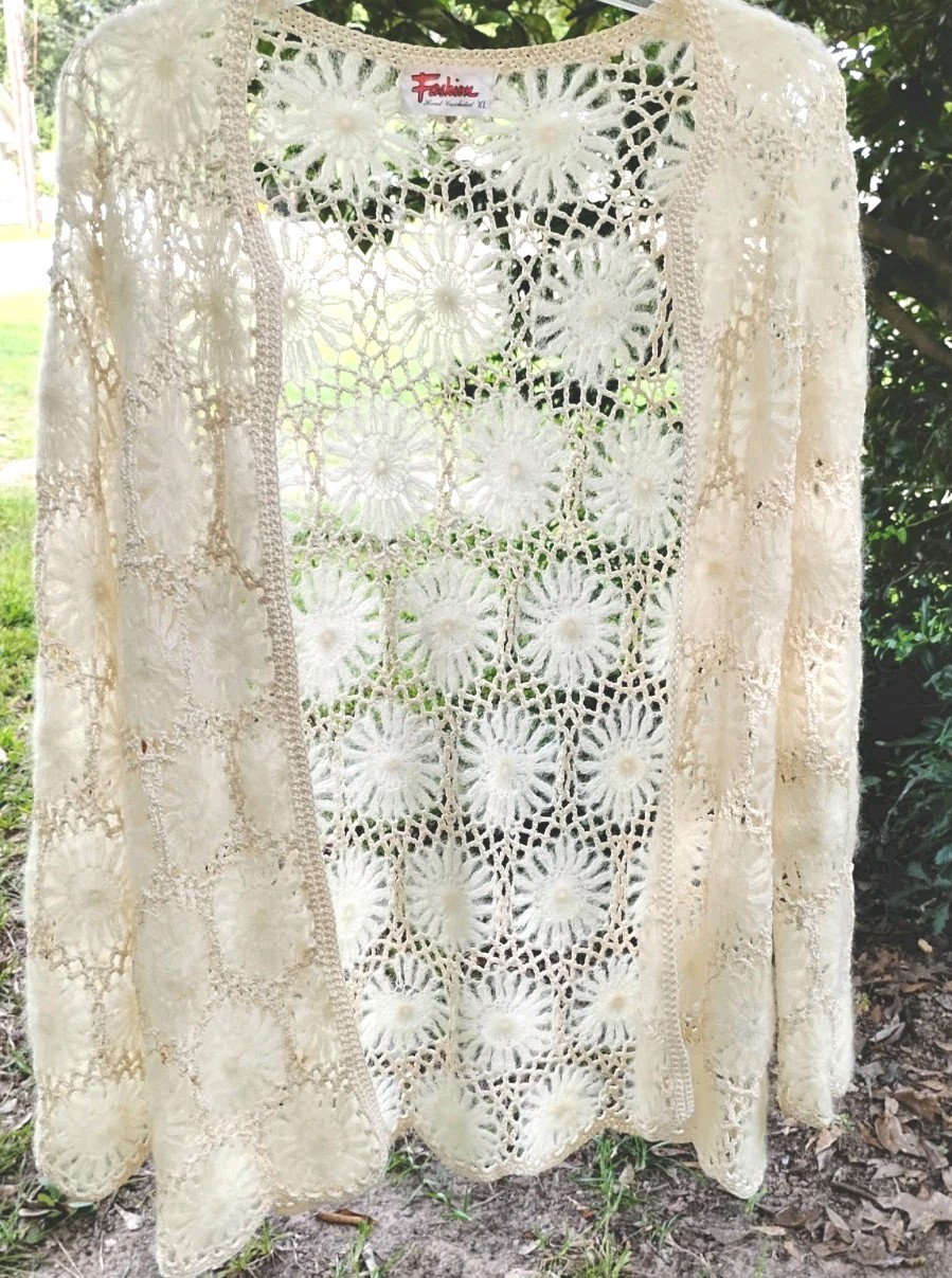 Vtg 1960’s Cream Mohair Hand Crochet Cardigan Cozy Granny Cottage Core Excellent