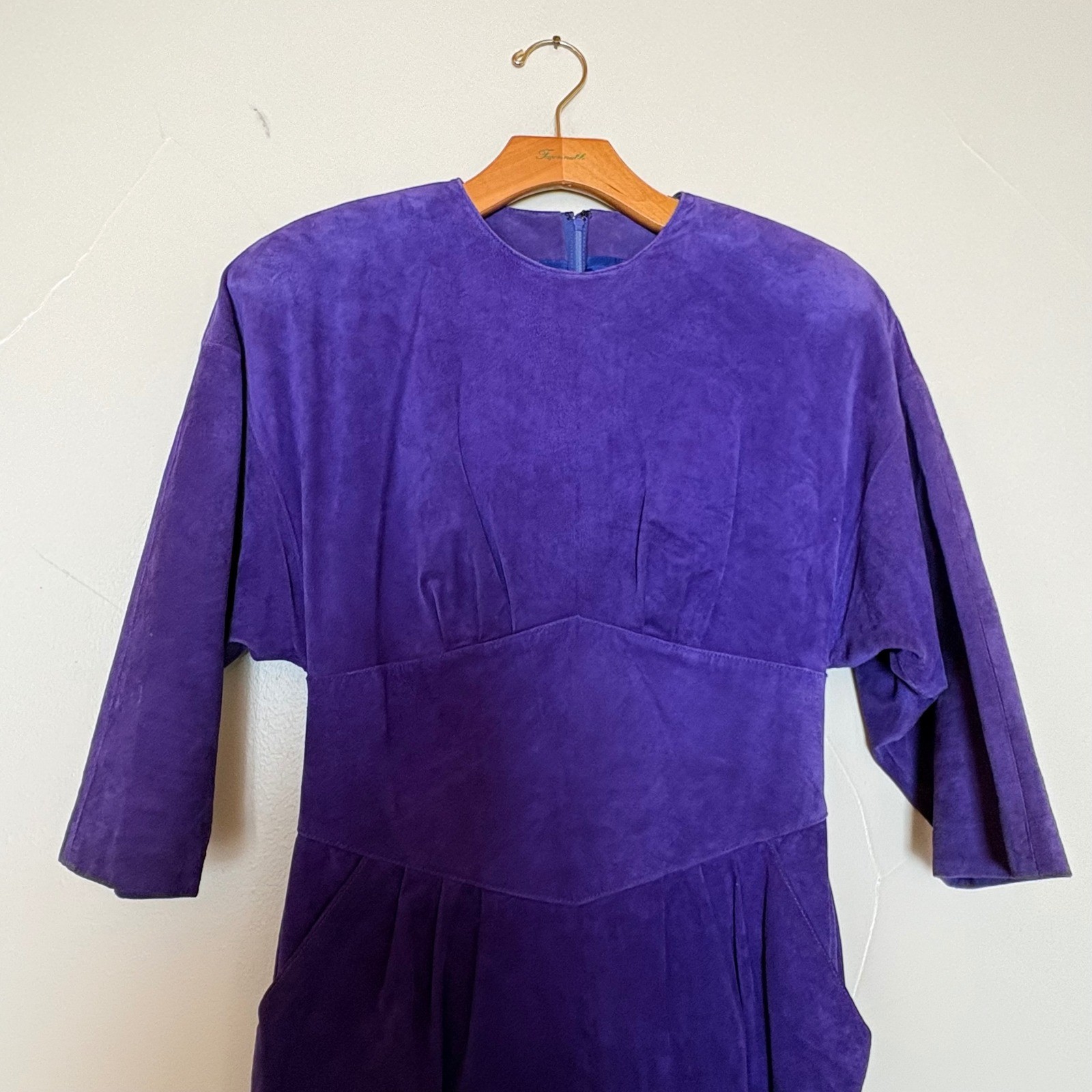 Pia Rucci Vintage 80s Purple Suede Leather Midi Dress 3/4 Sleeve Pockets Women 4