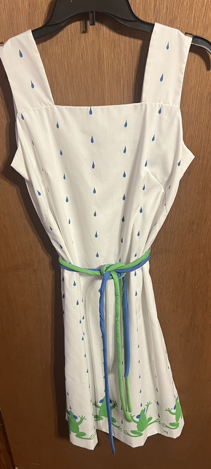 Vtg Vested Gentress 70’s White Blue Green Frog Print Belted Shift Maxi Dress 8