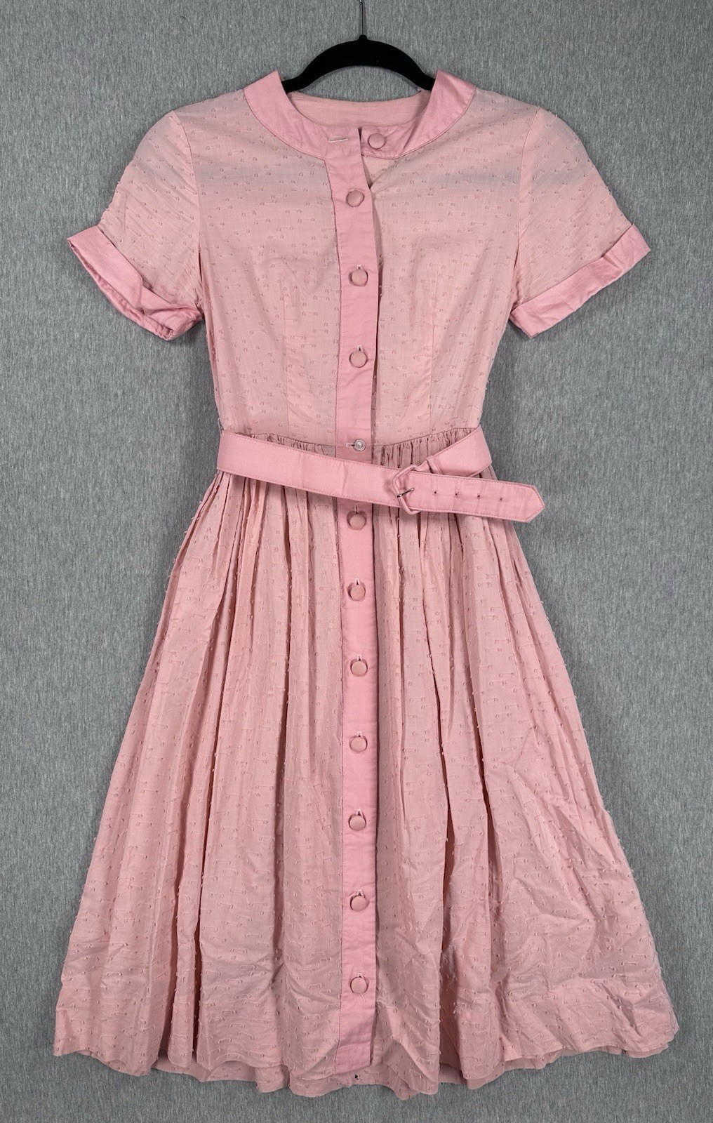 Vintage 1940’s Textured Pink Day Dress By Dream Age Pink Pastel Button Down Belt