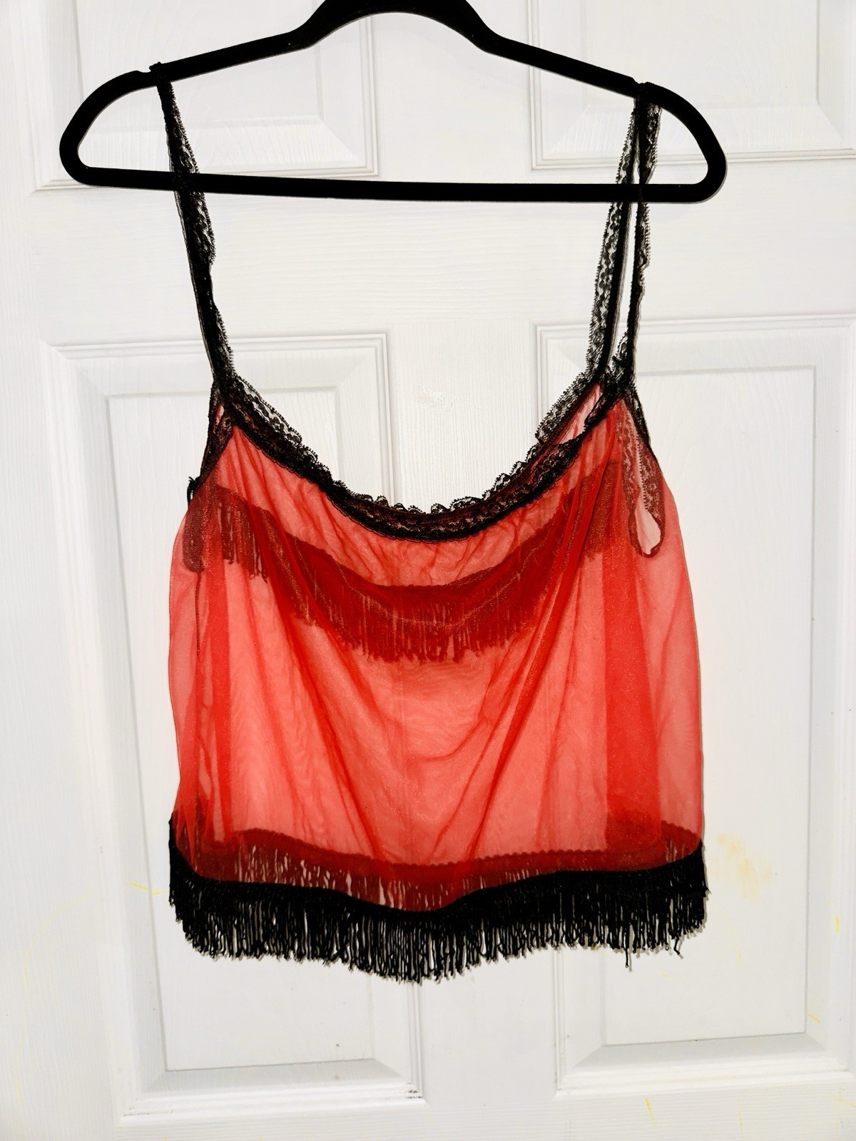 Vintage Red & Black Sheer Crop Top Lingerie With Fringe – elastic is worn out