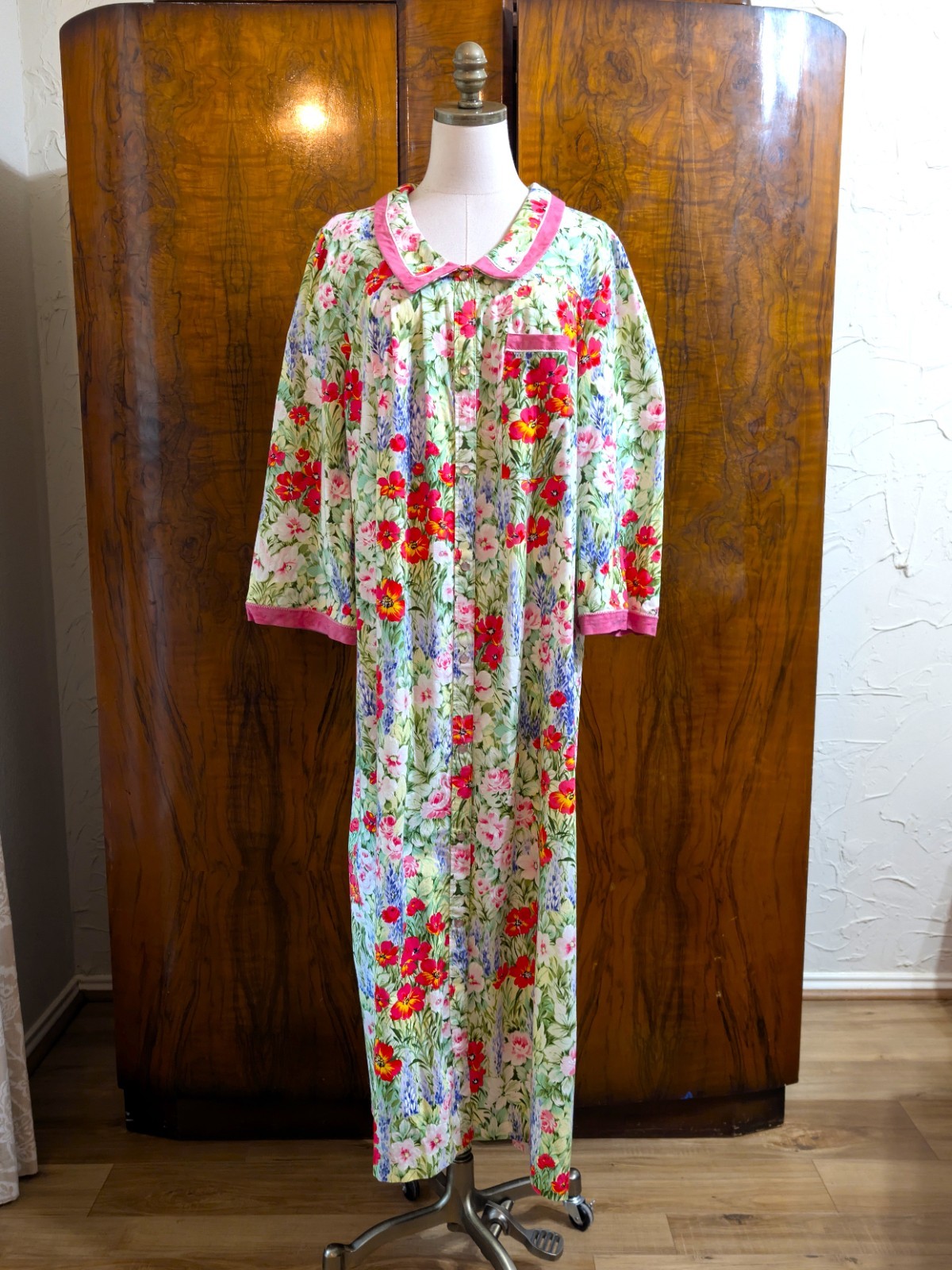 Vtg Models Coat by Swirl Grandmacore Floral Maxi Duster 18 Housecoat Pink Trim