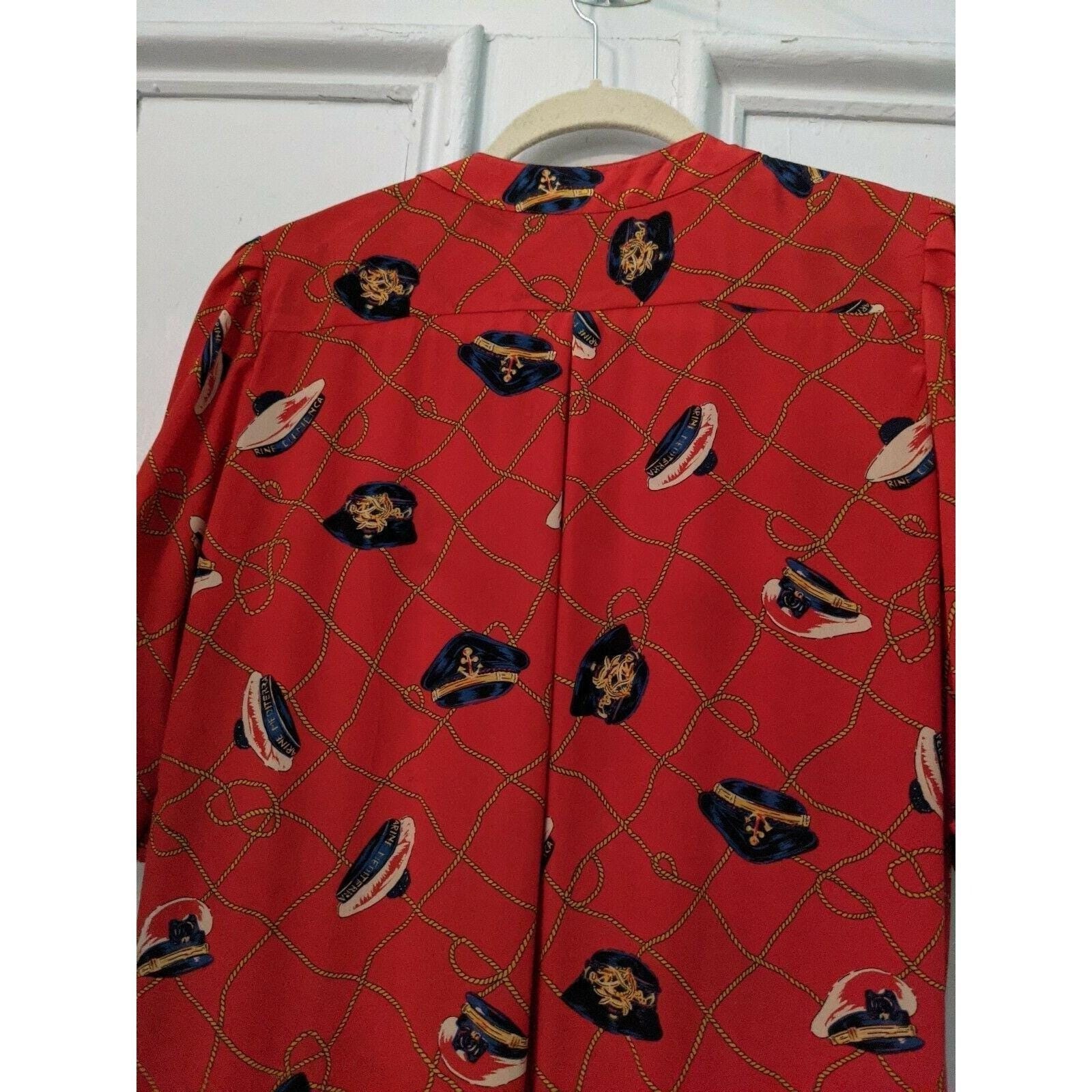 Adolfo Fine Feathers Red Nautical Dress Captain Hat Rope Print Vintage 80s