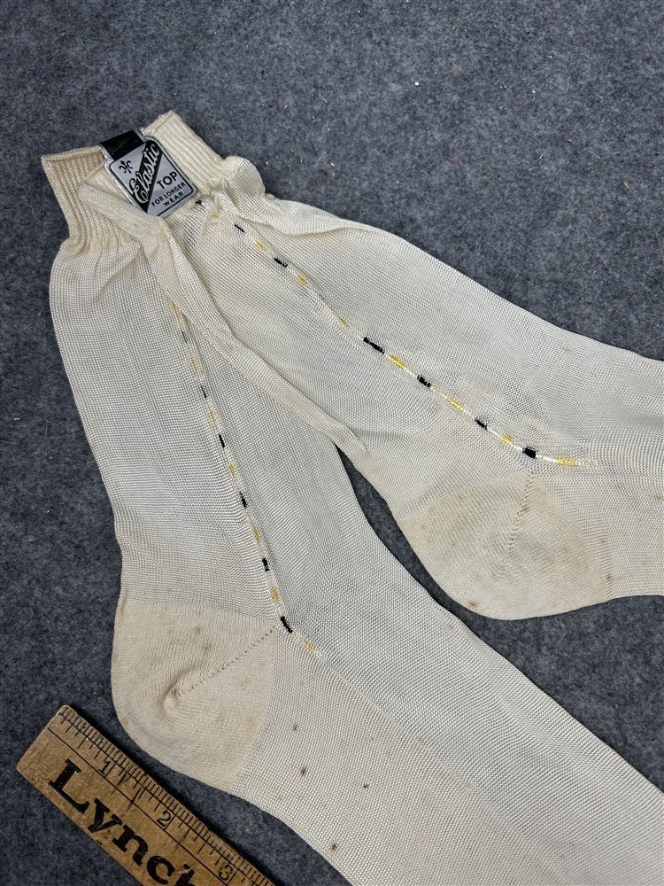 antique socks silk/rayon mens foot new/old white w/ stripe deco original 1920-40