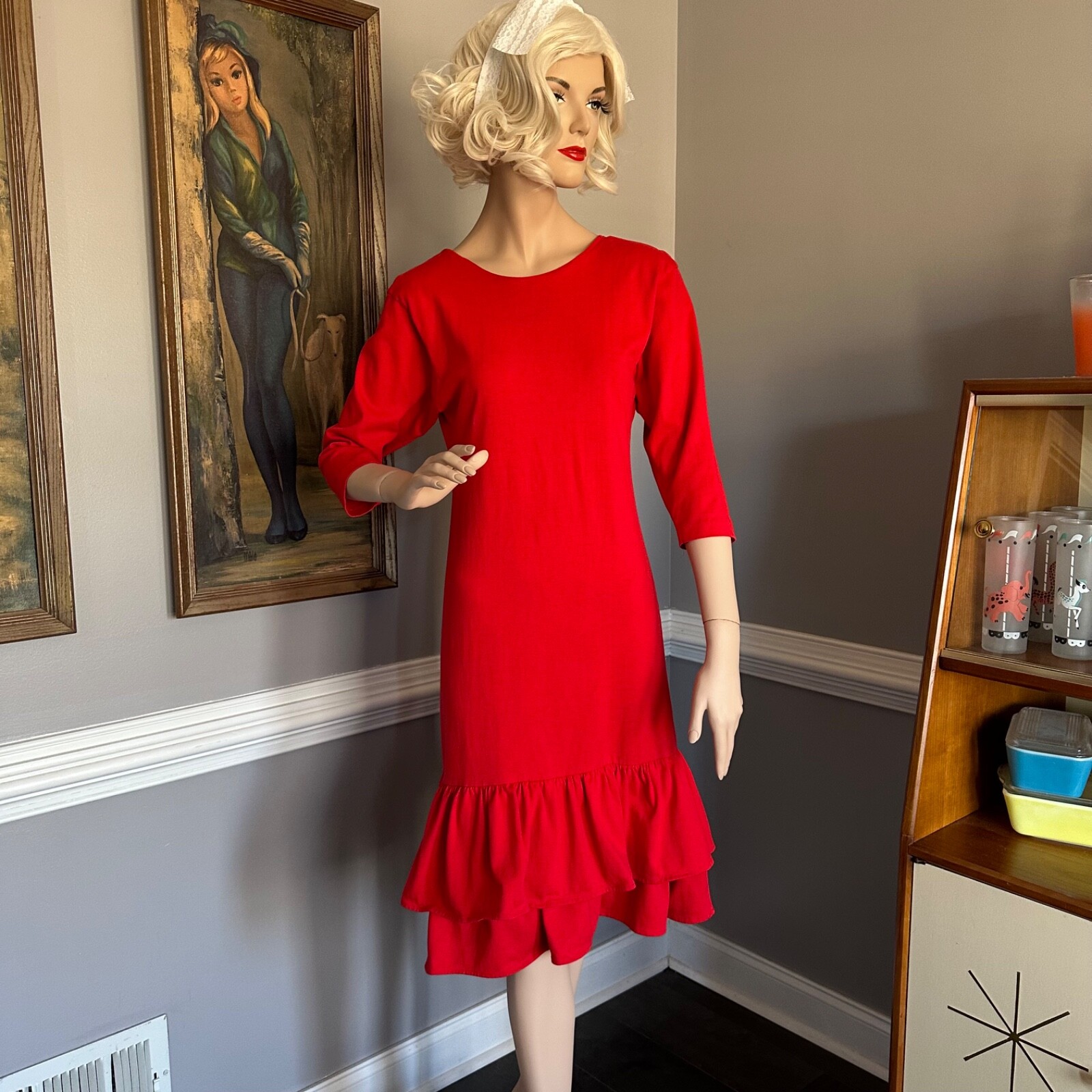 Vintage 80s New Wave Red Shirt Dress Red with flirty Double Ruffle Hem Size M