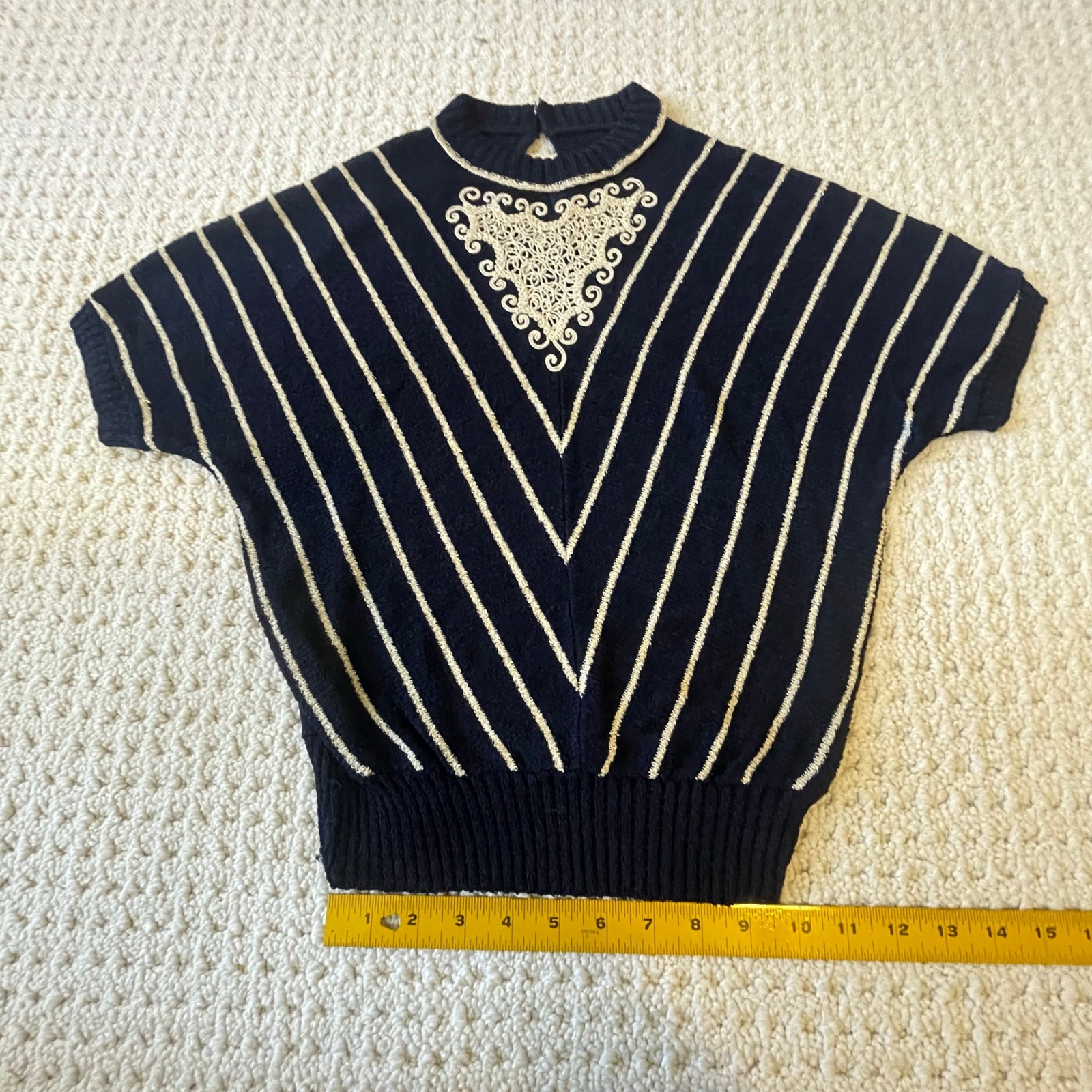 Vintage 1950s Tobi of California Navy Cream Chevron Knit Sweater Bib Top Size S