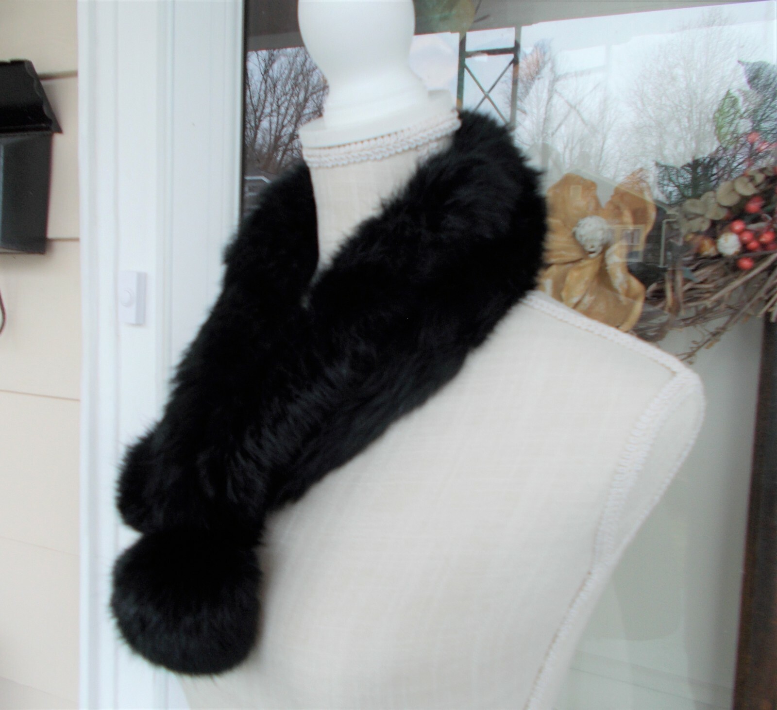 Vintage Soft Black Rabbit Fur Collar Scarf 30″ Long XS to 2X Lovely