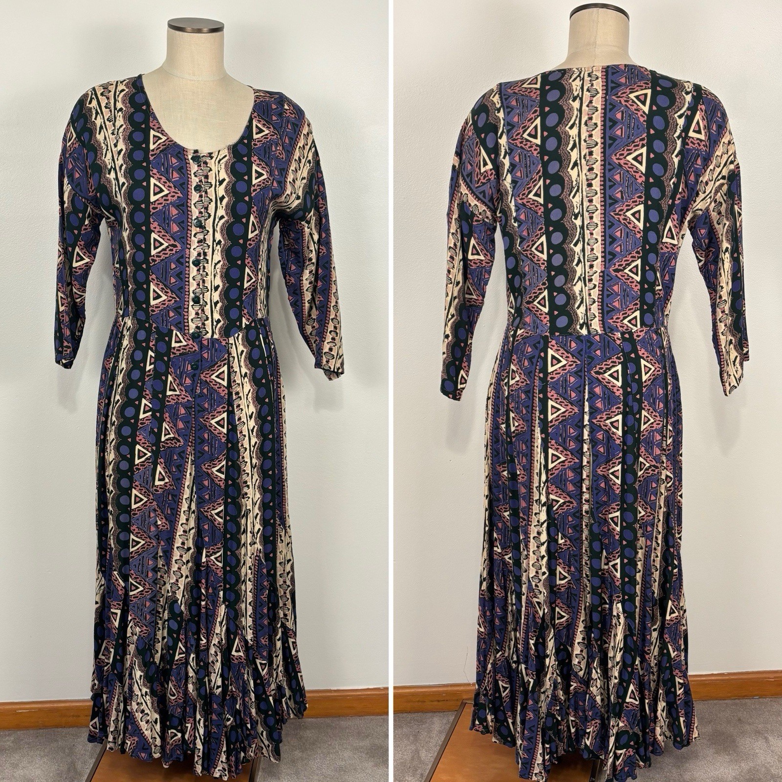 VTG 90s Classic Womens M India Boho Maxi Dress Cotton Rayon Geometric Tribal