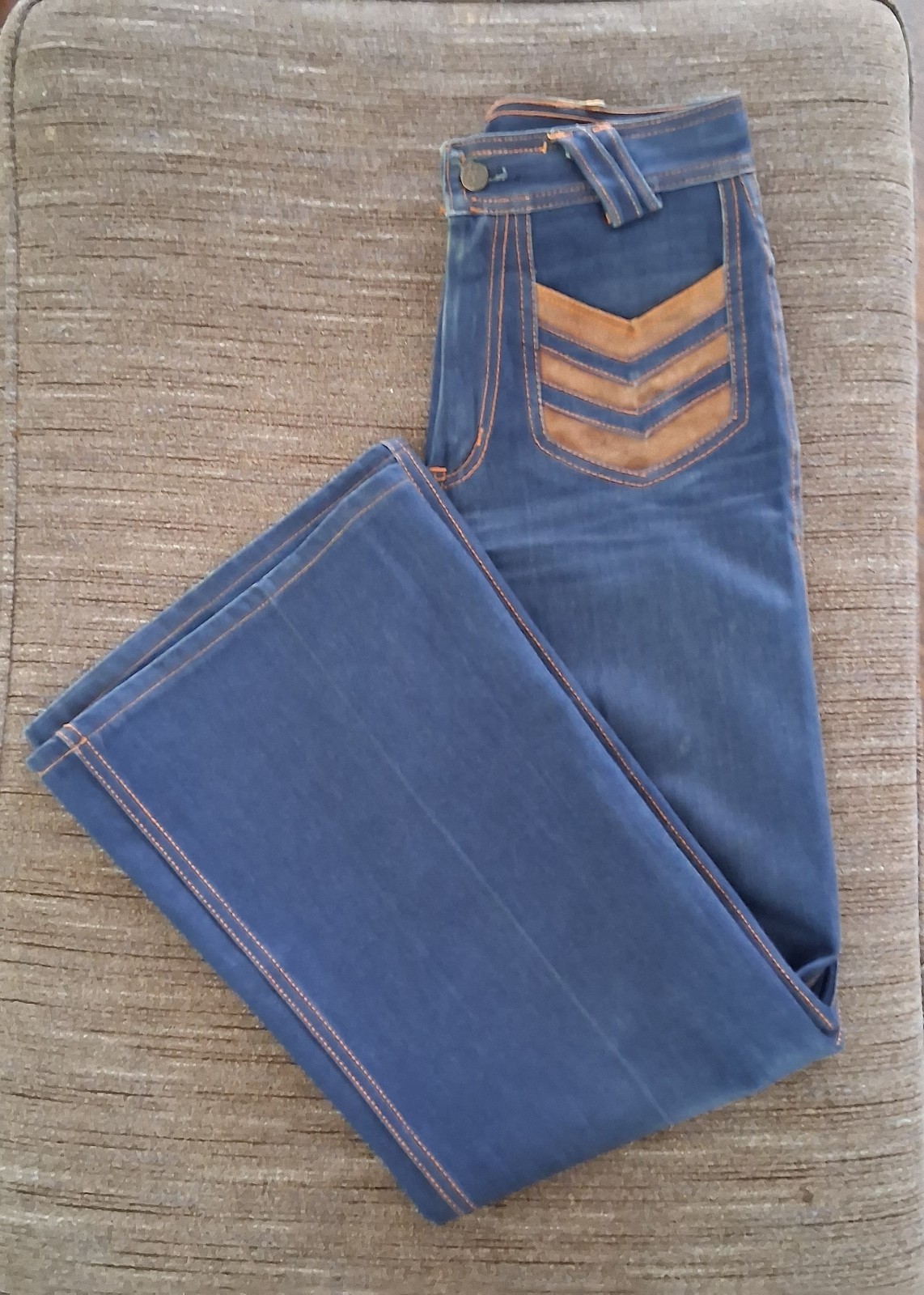 Rare VTG 70s Pierre De France Bell Bottom Jeans Suede Chevron Disco Pants 28×29