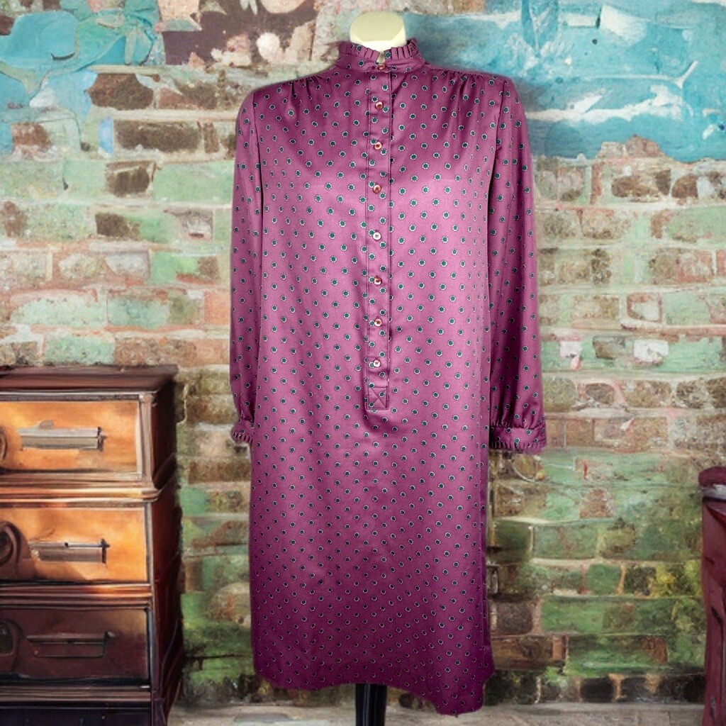 VTG Schrader Sport NY Satin Shirt Dress Ruffle Collar & Sleeves Purple Size 12