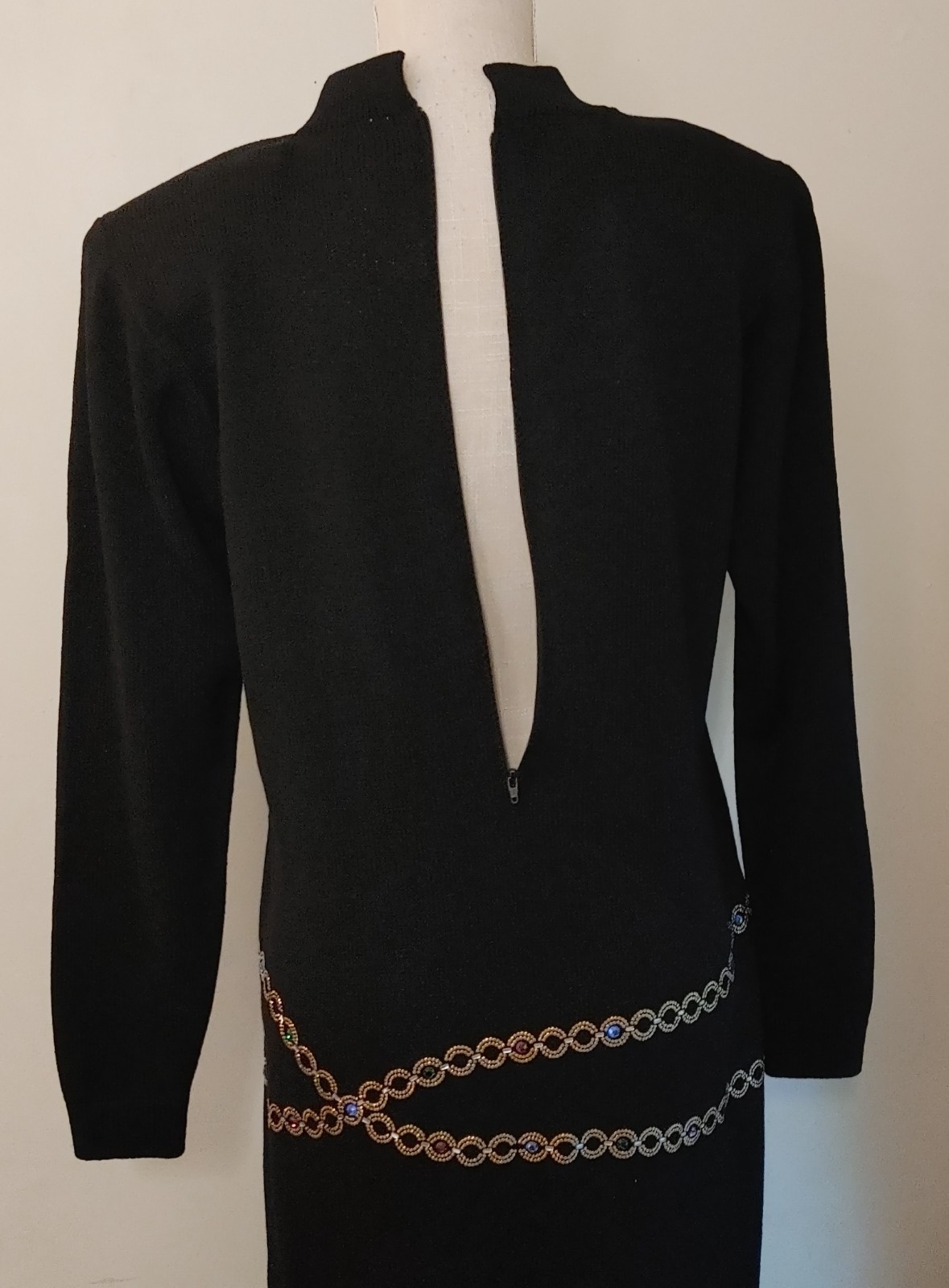 Vintage St John Saks Knit Dress 12 Black Santana Sweater Jeweled Chain Waist 80s