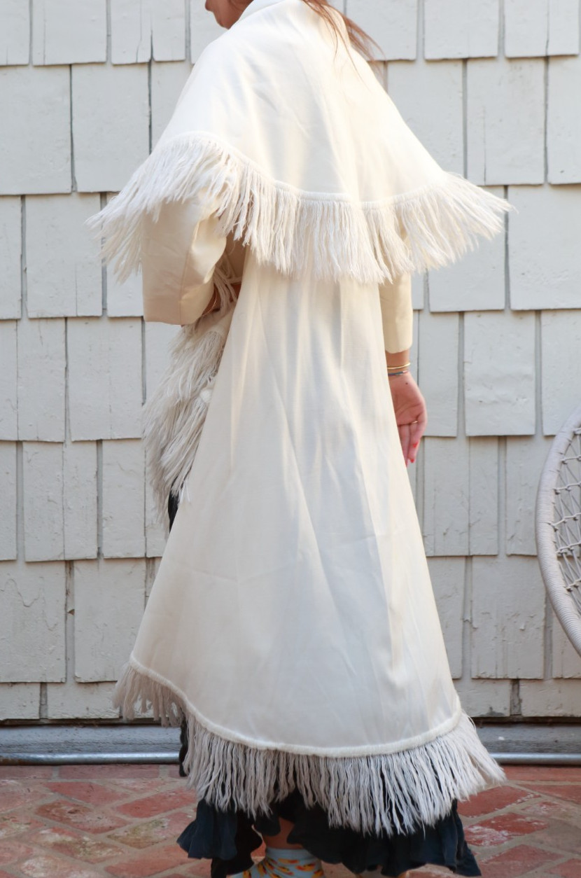 Vintage 70s Open Front Fringe Wrap Coat S/M Ivory Boho Stevie Nicks